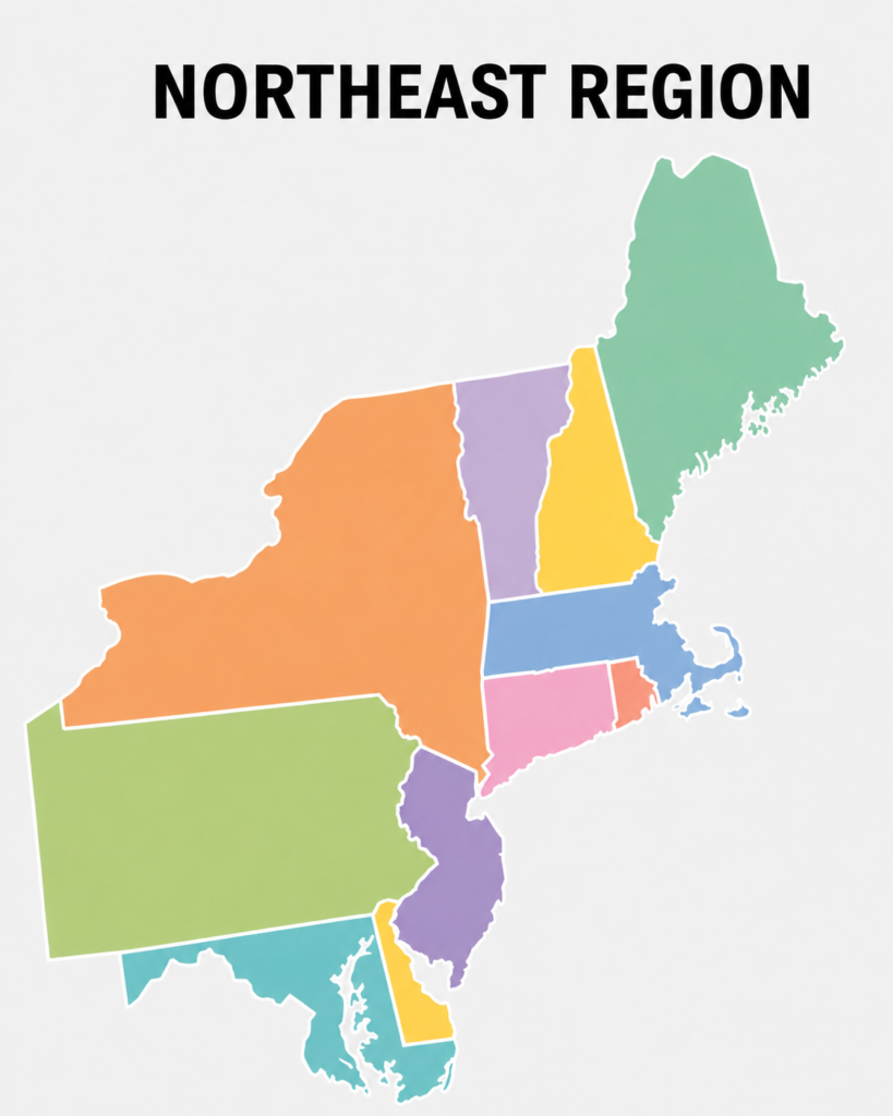 Blank Map of the North East United States with colour